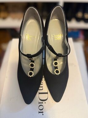 Dior Black Pointed T-Strap Heels with Gold Crystal Circles